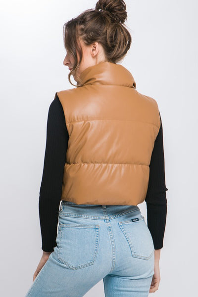 Camel Crop Puffer Vest Jacket - Faux Leather