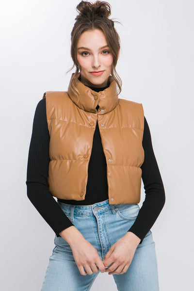 Camel Crop Puffer Vest Jacket - Faux Leather