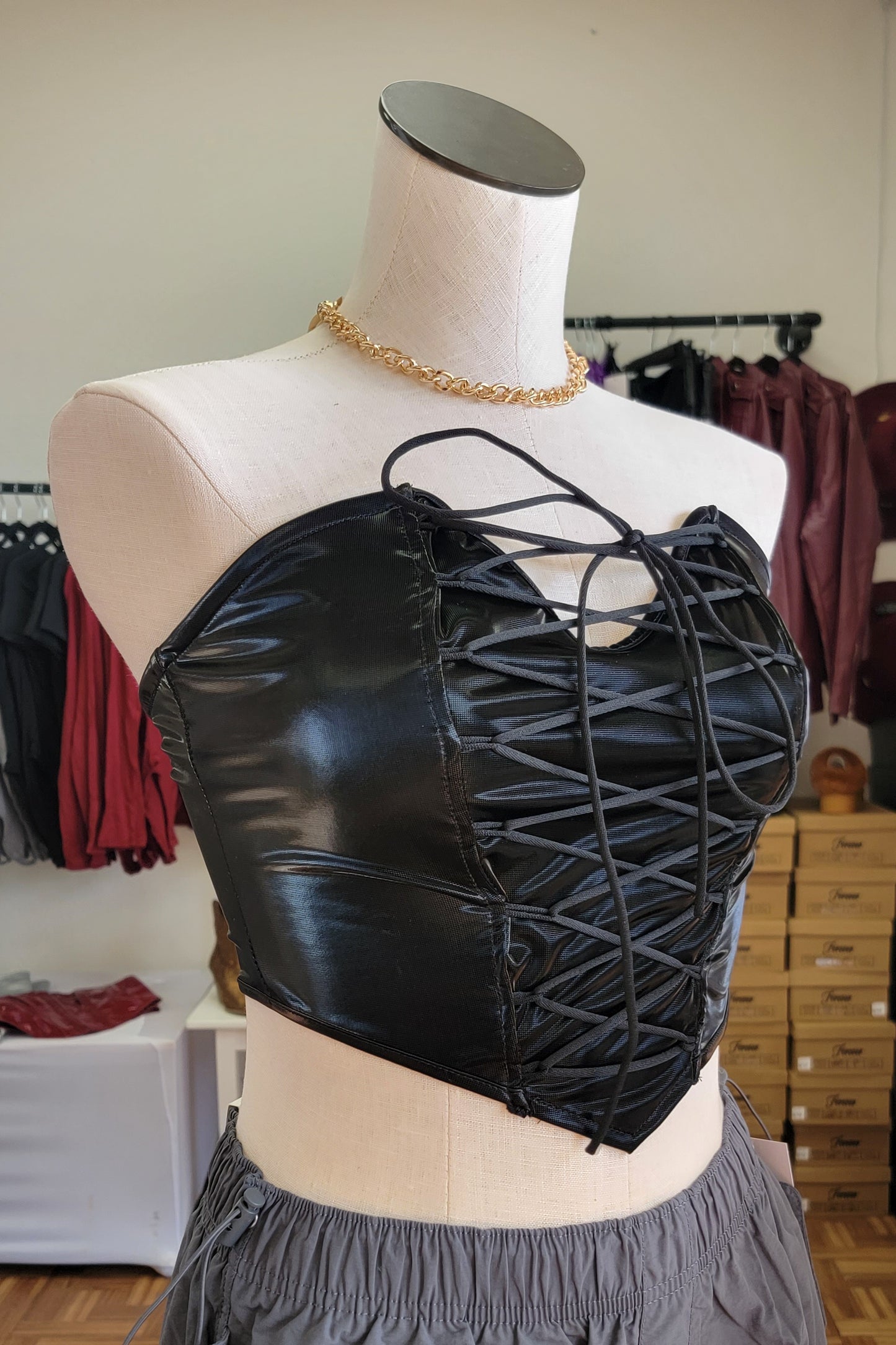 Black - Leather Tied Up Corset Top