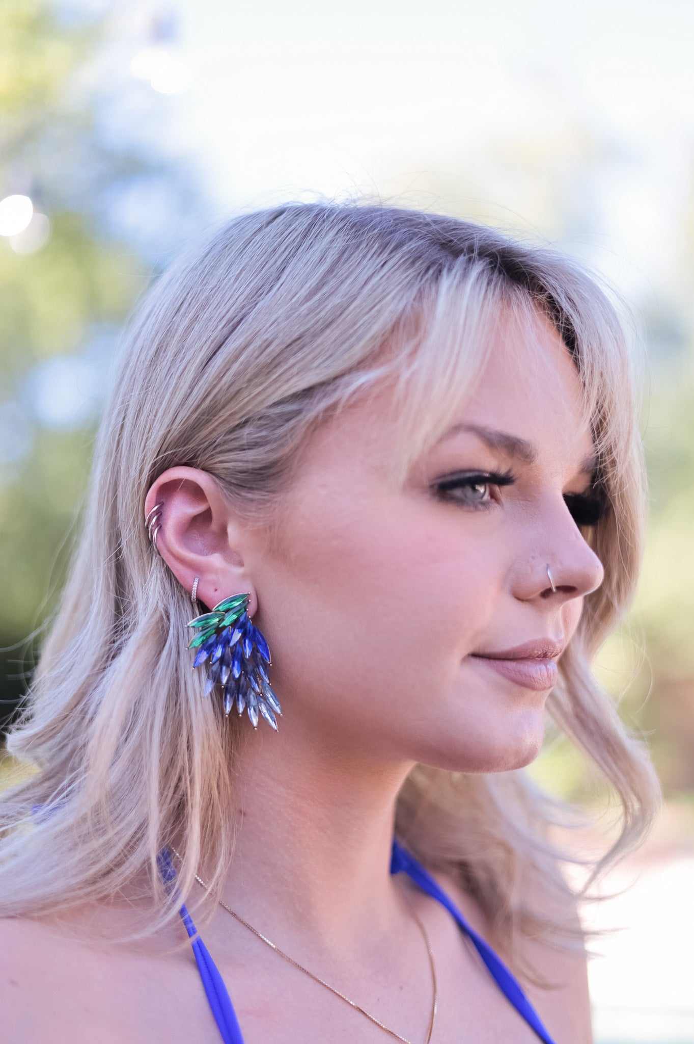 Blue / Green - Feather Rhinestone Statement Earrings