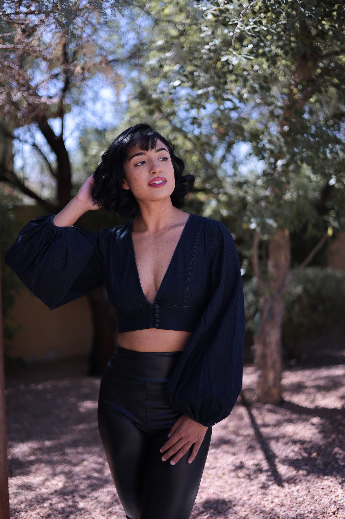 Dark Denim - Bell Sleeve Crop Top