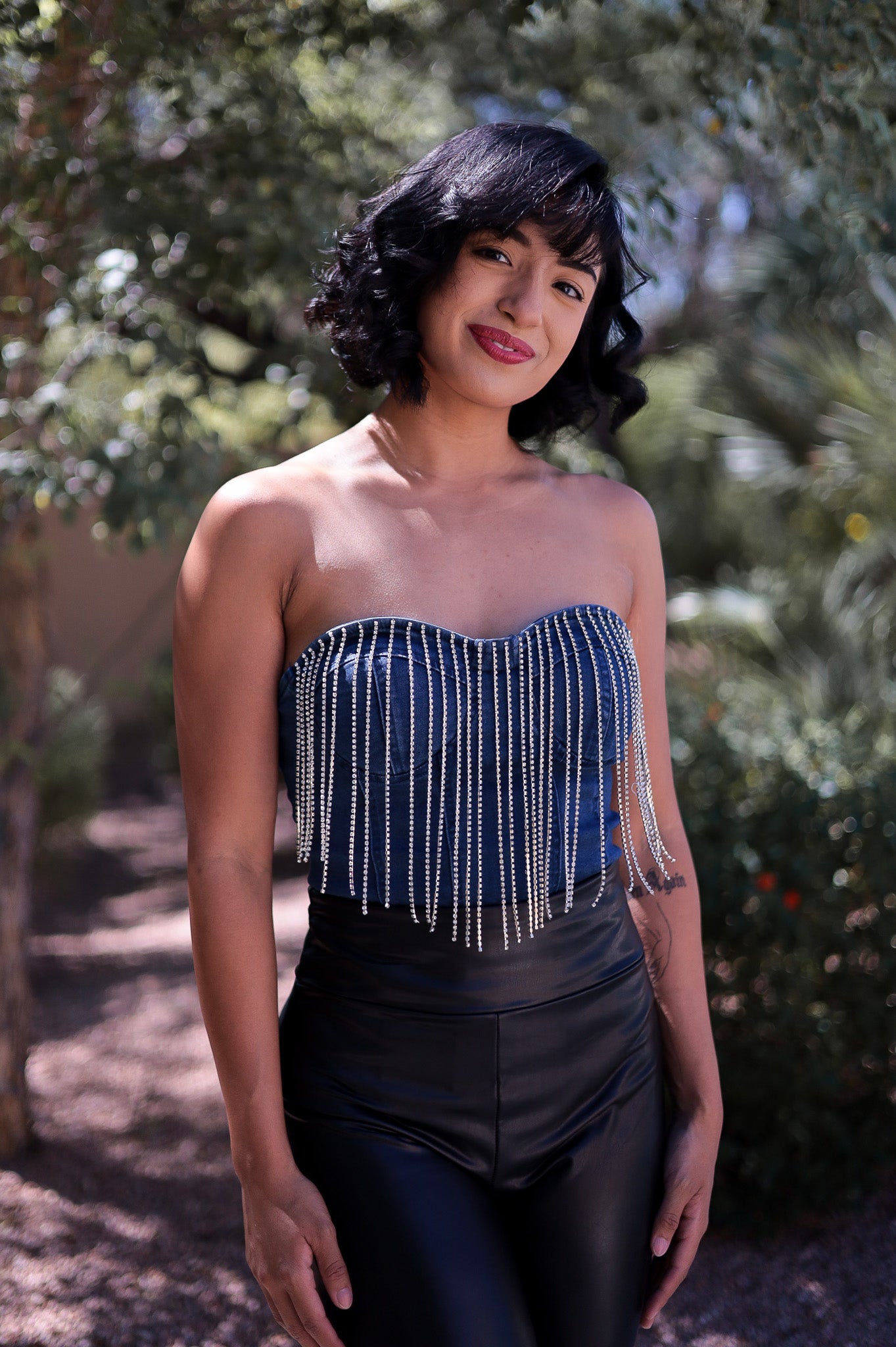 Denim - Rhinestone Fringe Bodysuit