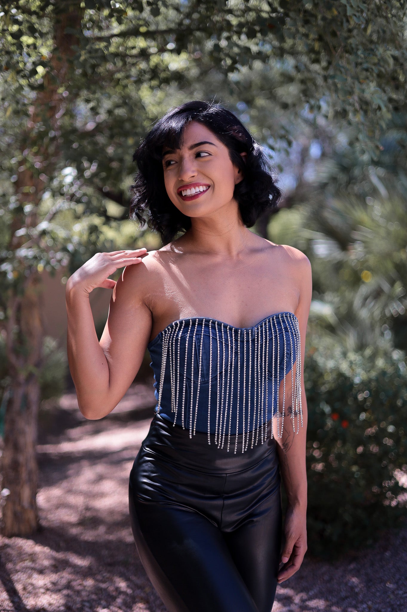 Denim - Rhinestone Fringe Bodysuit