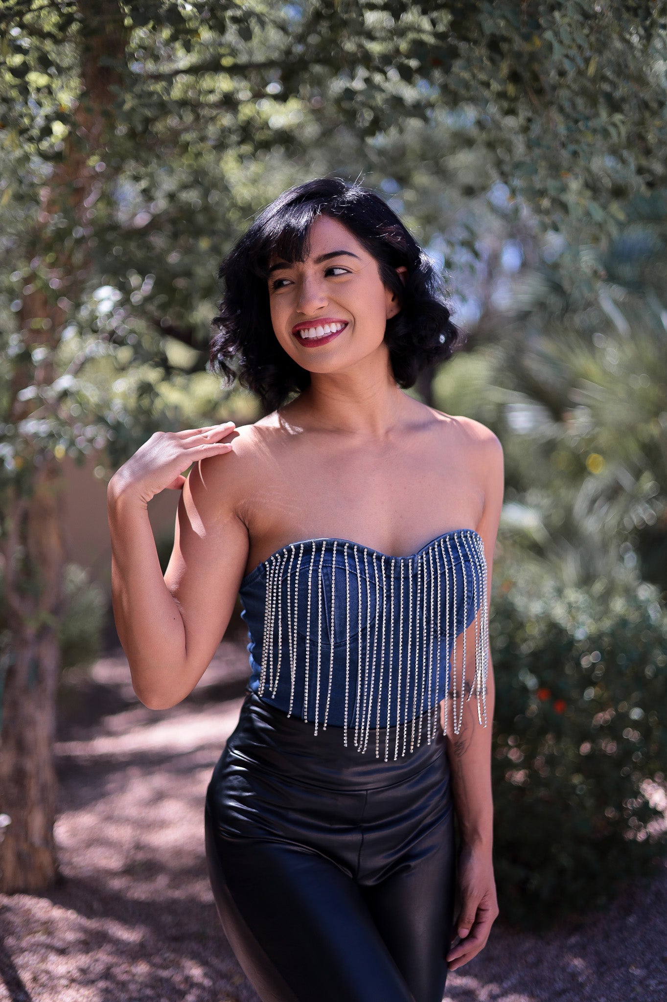 Denim - Rhinestone Fringe Bodysuit