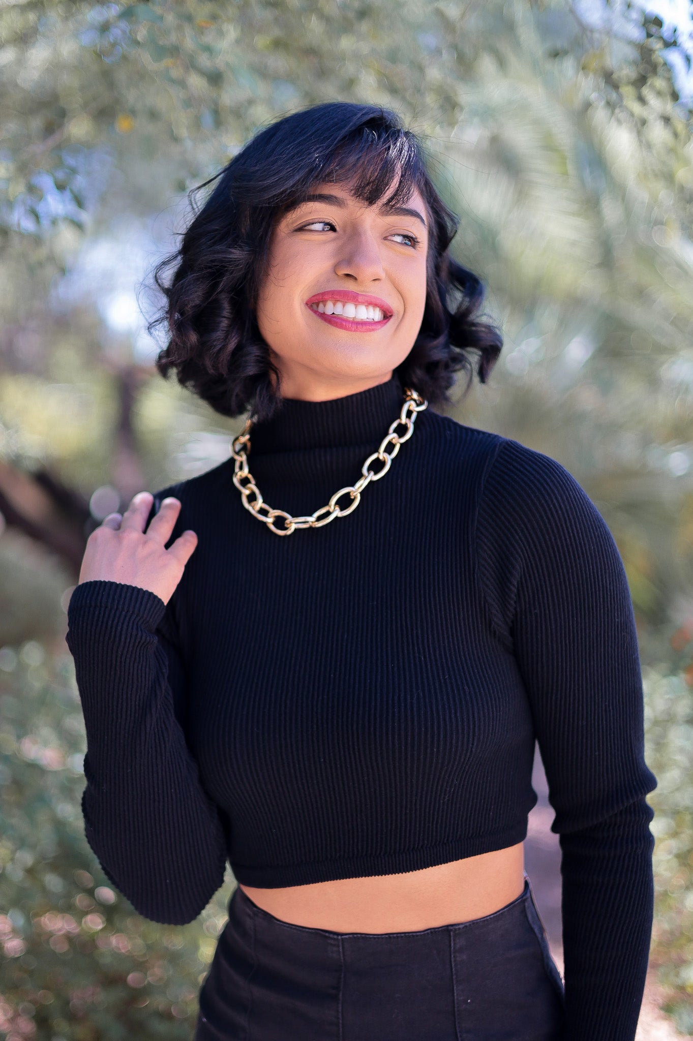 Black - Mock Neck Crop Long Sleeve Top