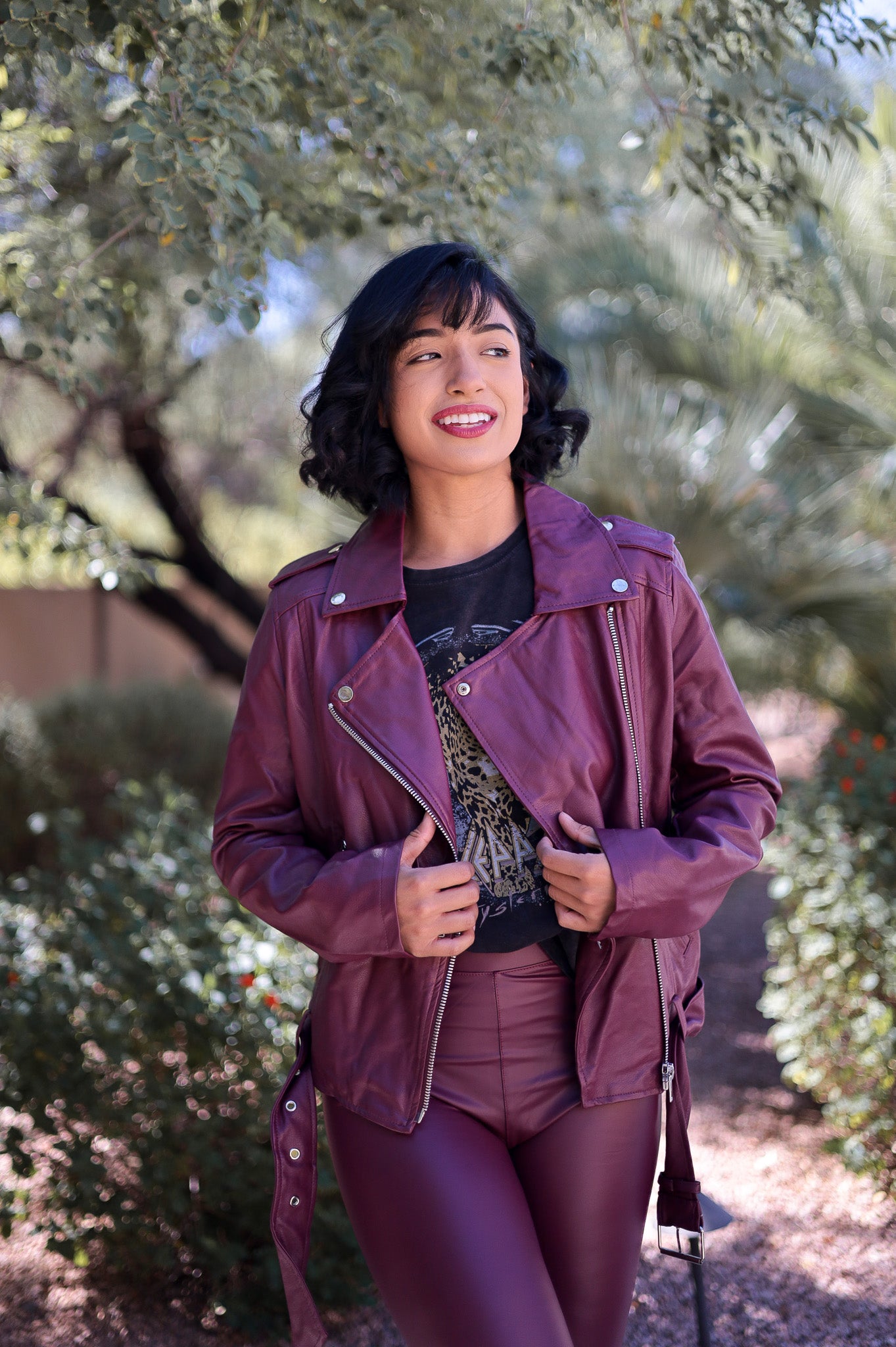 Burgundy - Vegan Leather Biker Jacket
