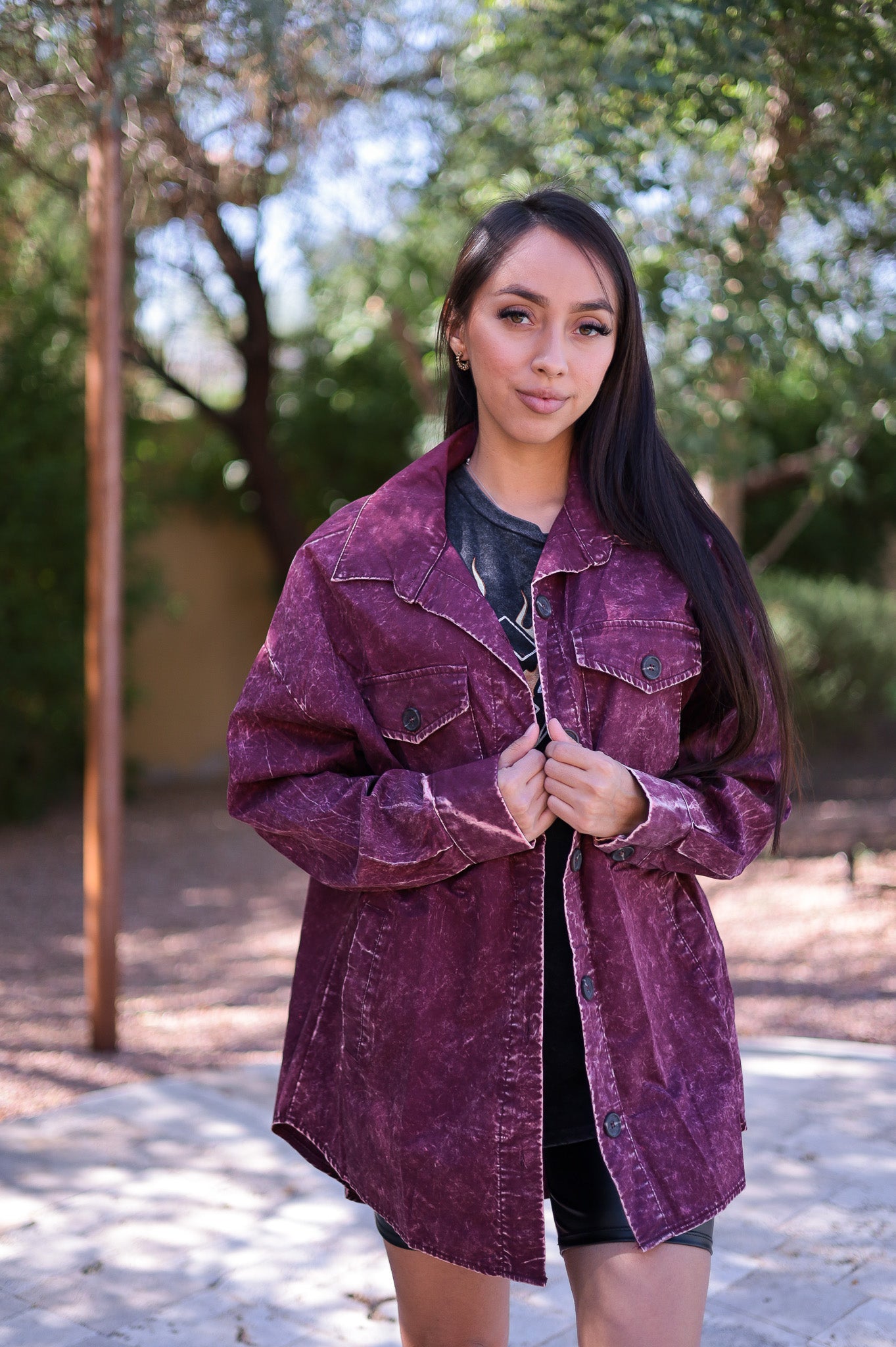 Burgundy - Distressed Boho Button Up