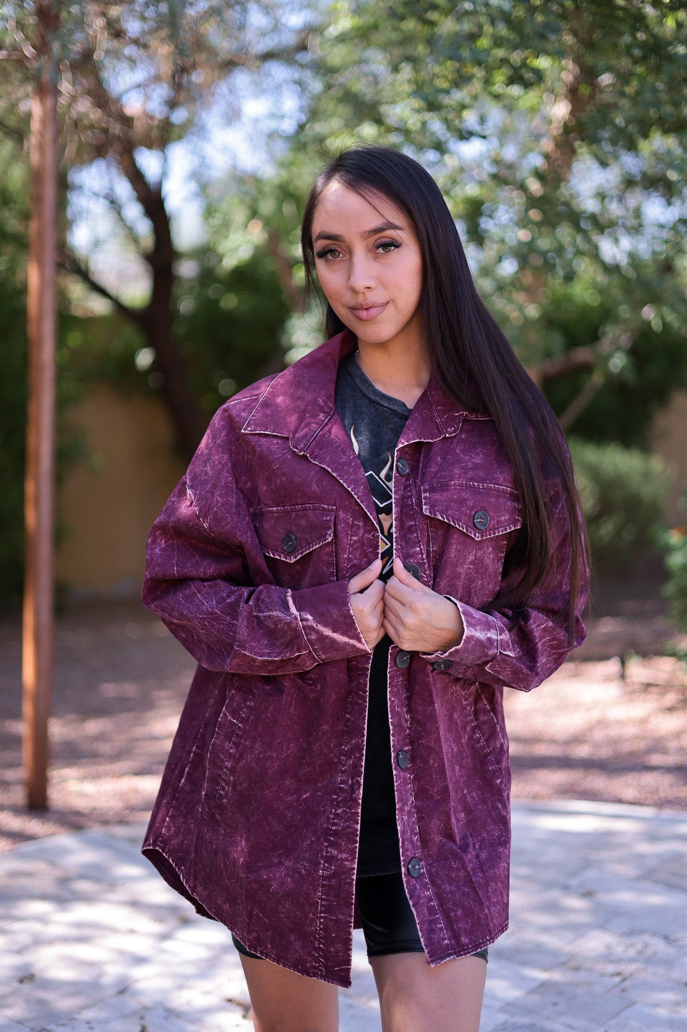 Burgundy - Distressed Boho Button Up