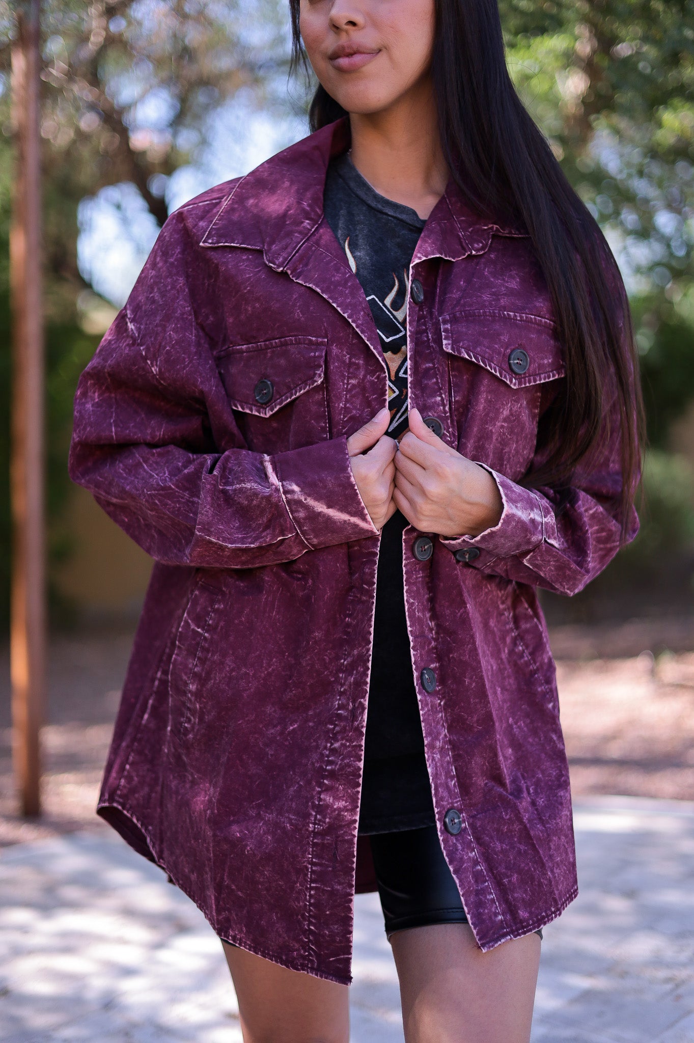 Burgundy - Distressed Boho Button Up