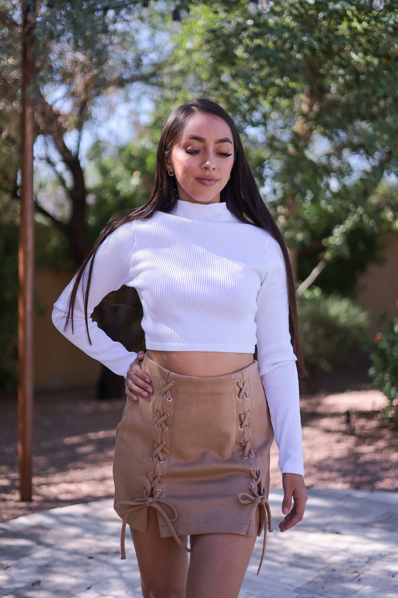 Suede Crossed Lace Slit Skirt