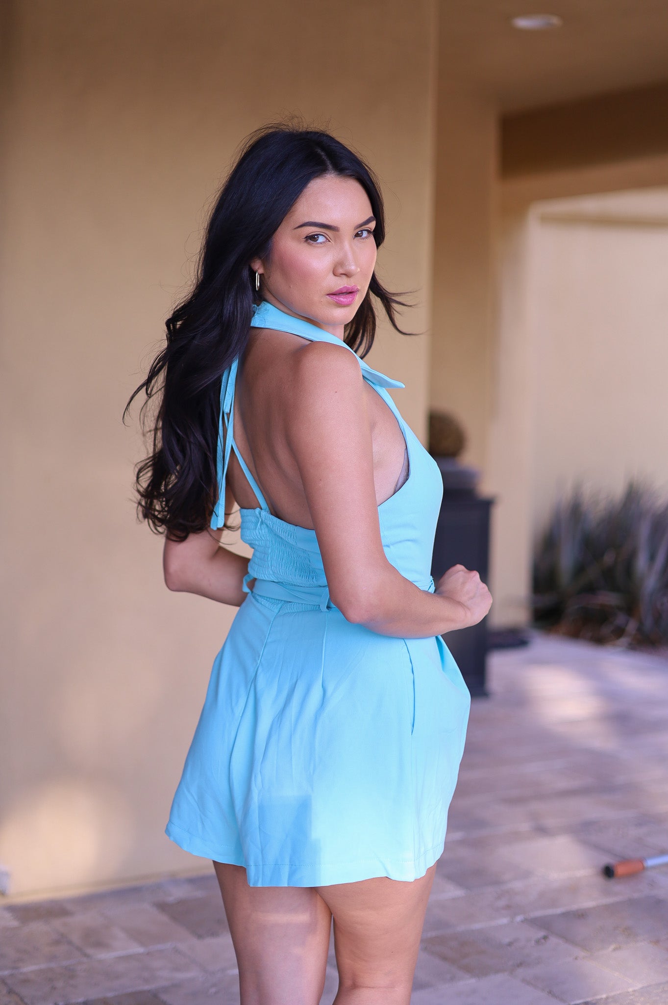 Mint Blue - European Dreams White Collared Belted Romper