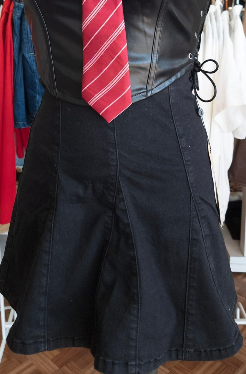 Black Denim Pleated Skirt - High Waisted