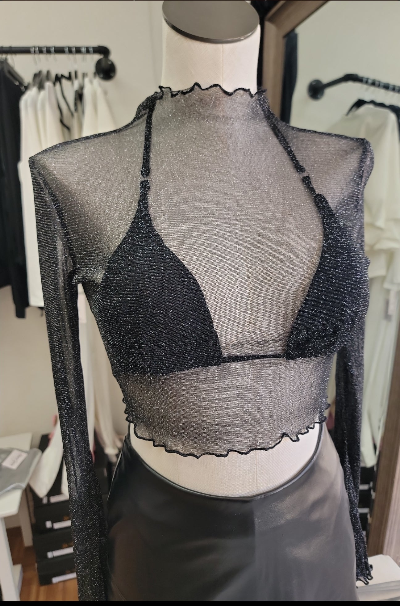 Black - Mesh Glitter Long Sleeve Crop