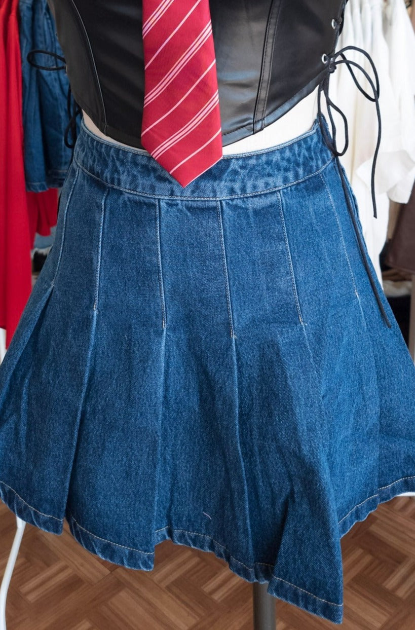 Dark Denim Pleated Skirt - High Waisted