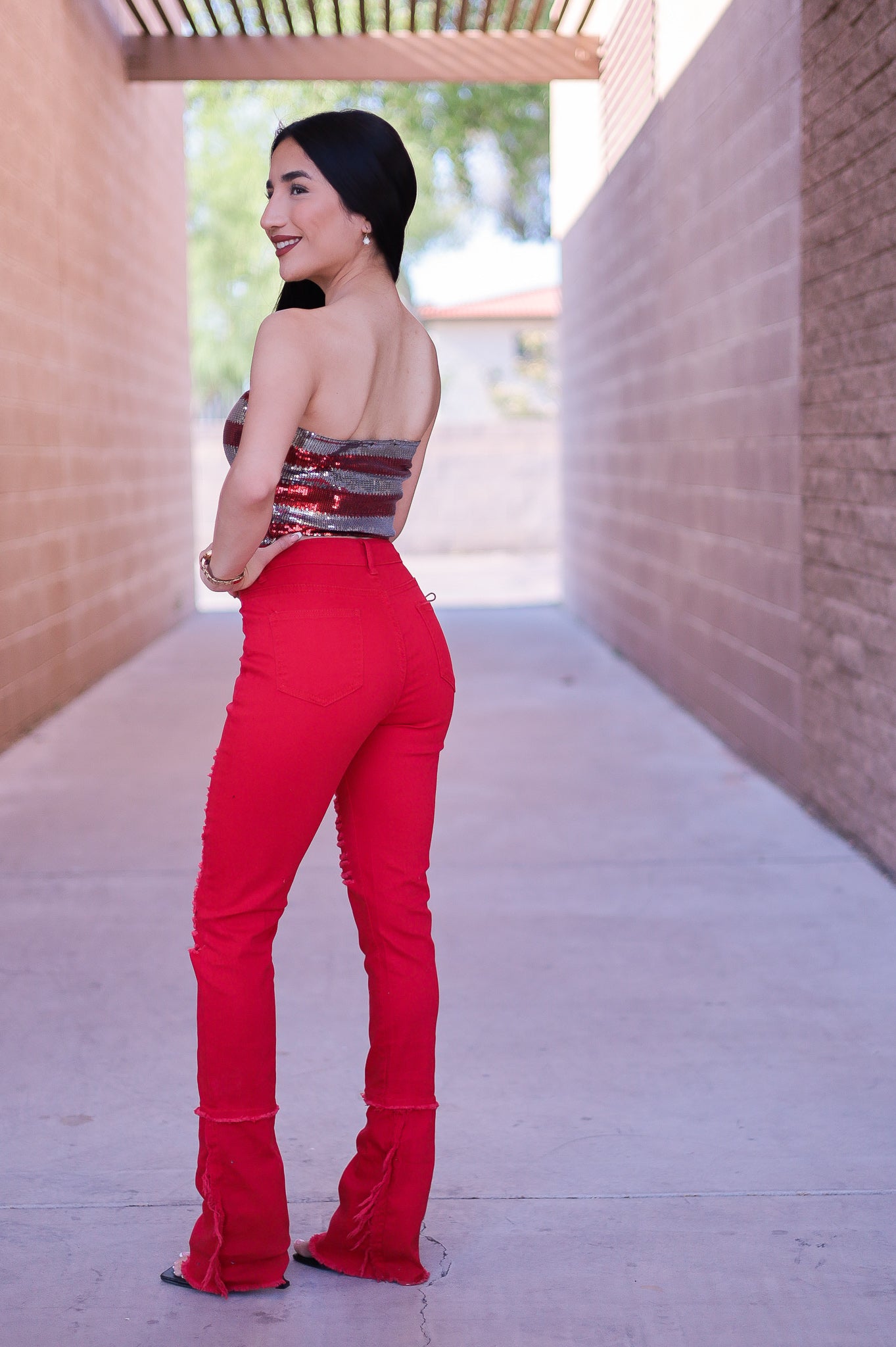 Red - Distressed Raw Hem Jeans