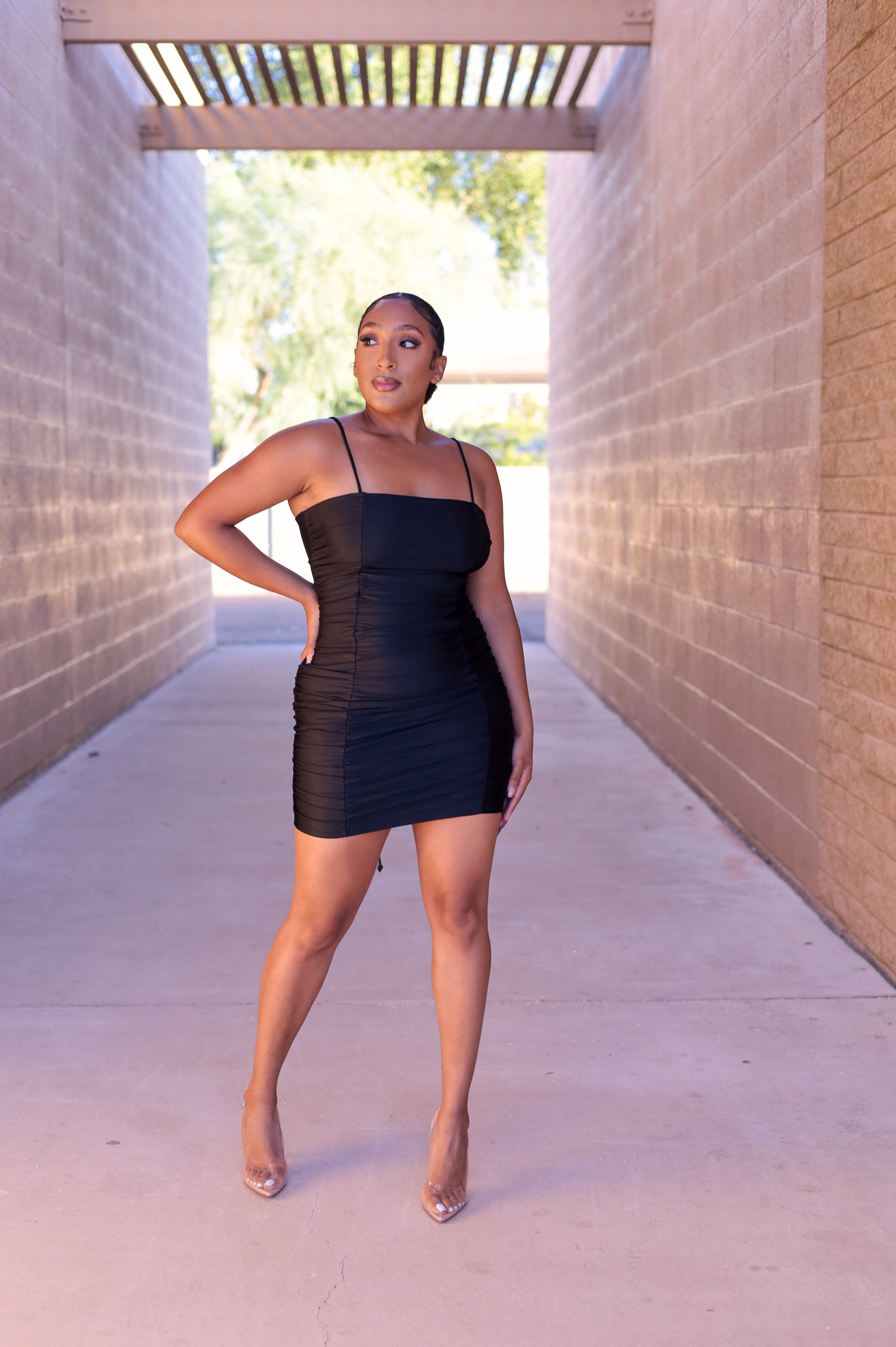 Black Ruched Dress - Square Neck
