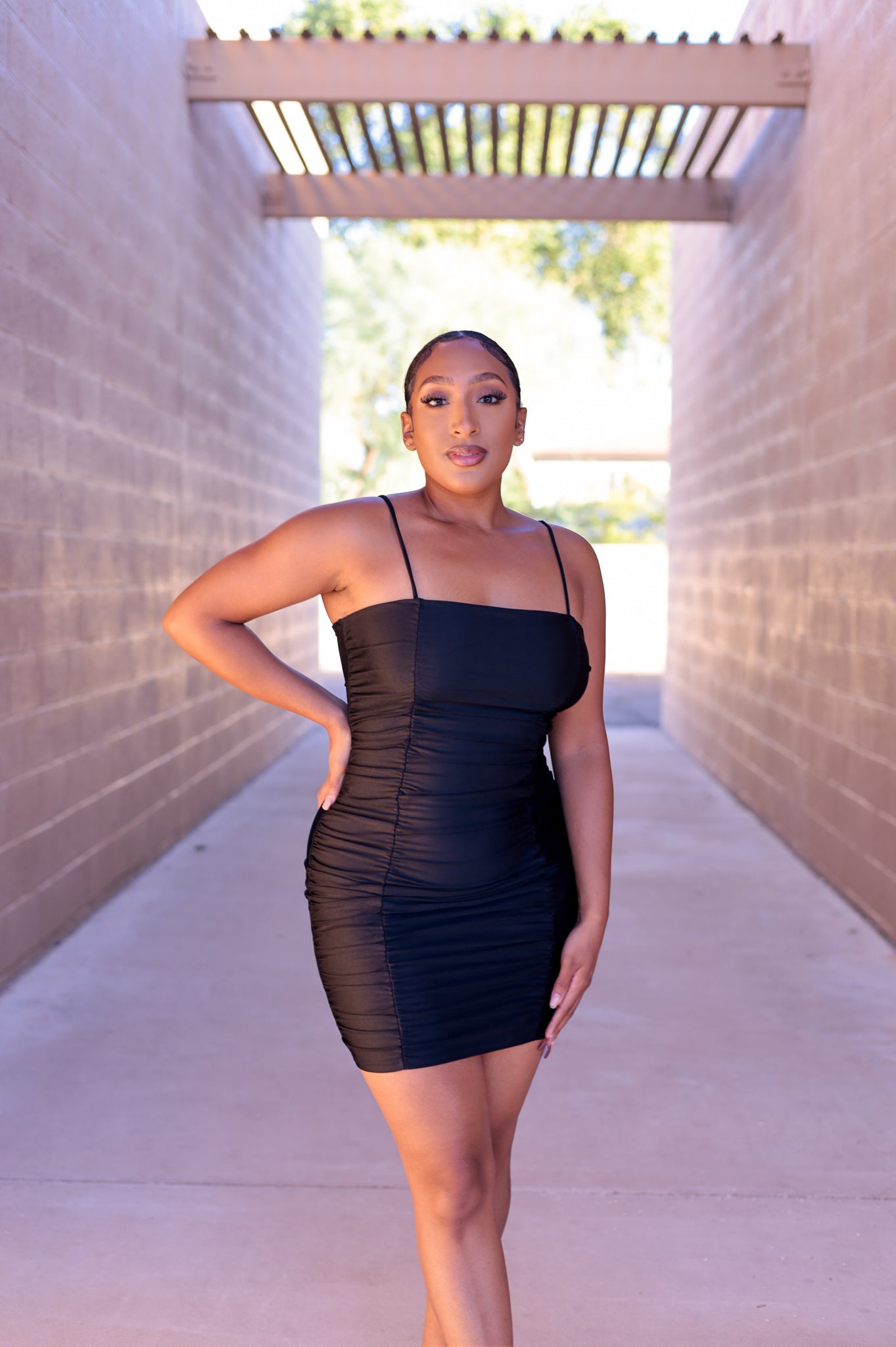 Black Ruched Dress - Square Neck