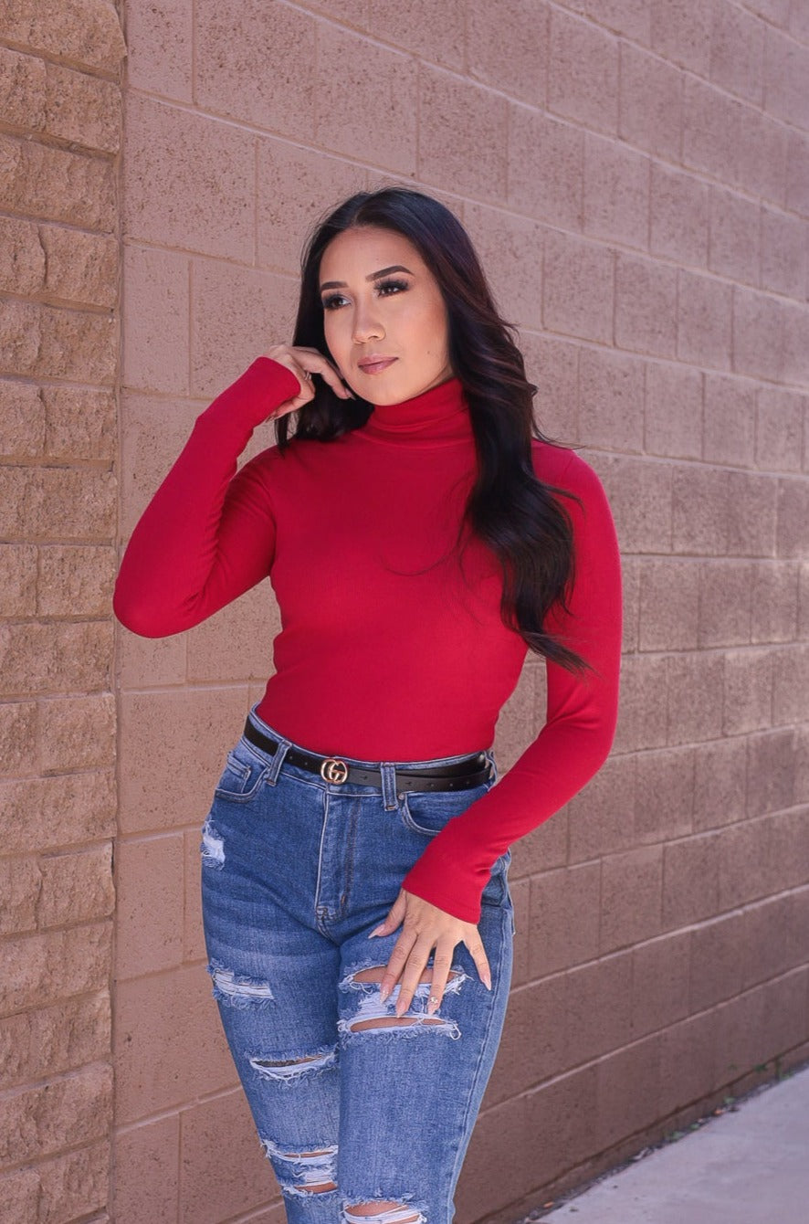 (M) Red- Long Sleeve Ribbed Turtleneck Mock Neck Top