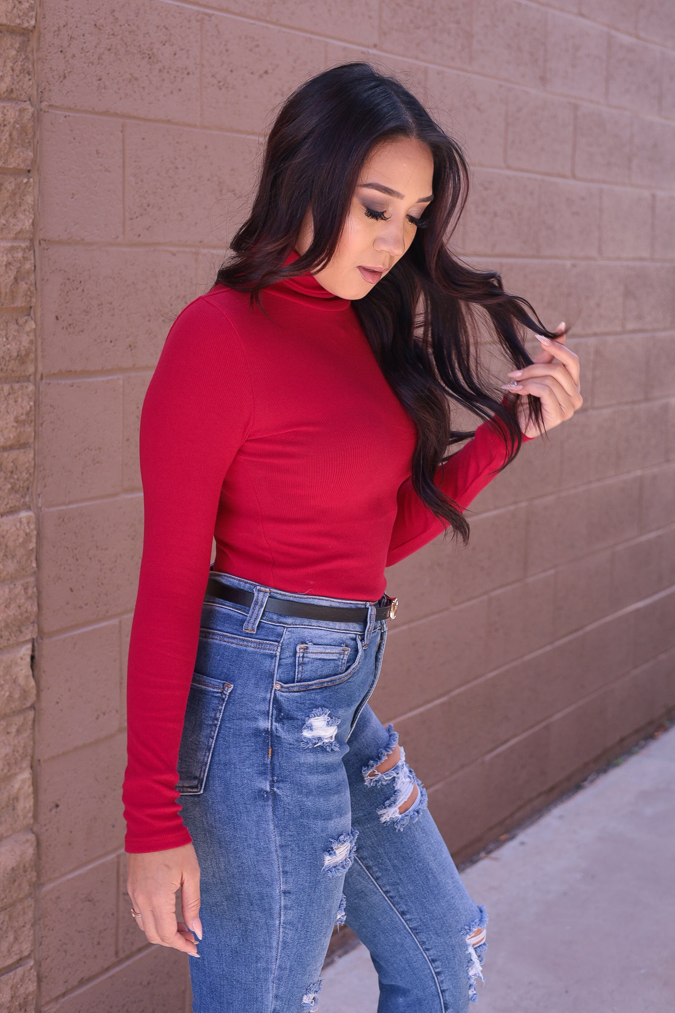 (M) Red- Long Sleeve Ribbed Turtleneck Mock Neck Top