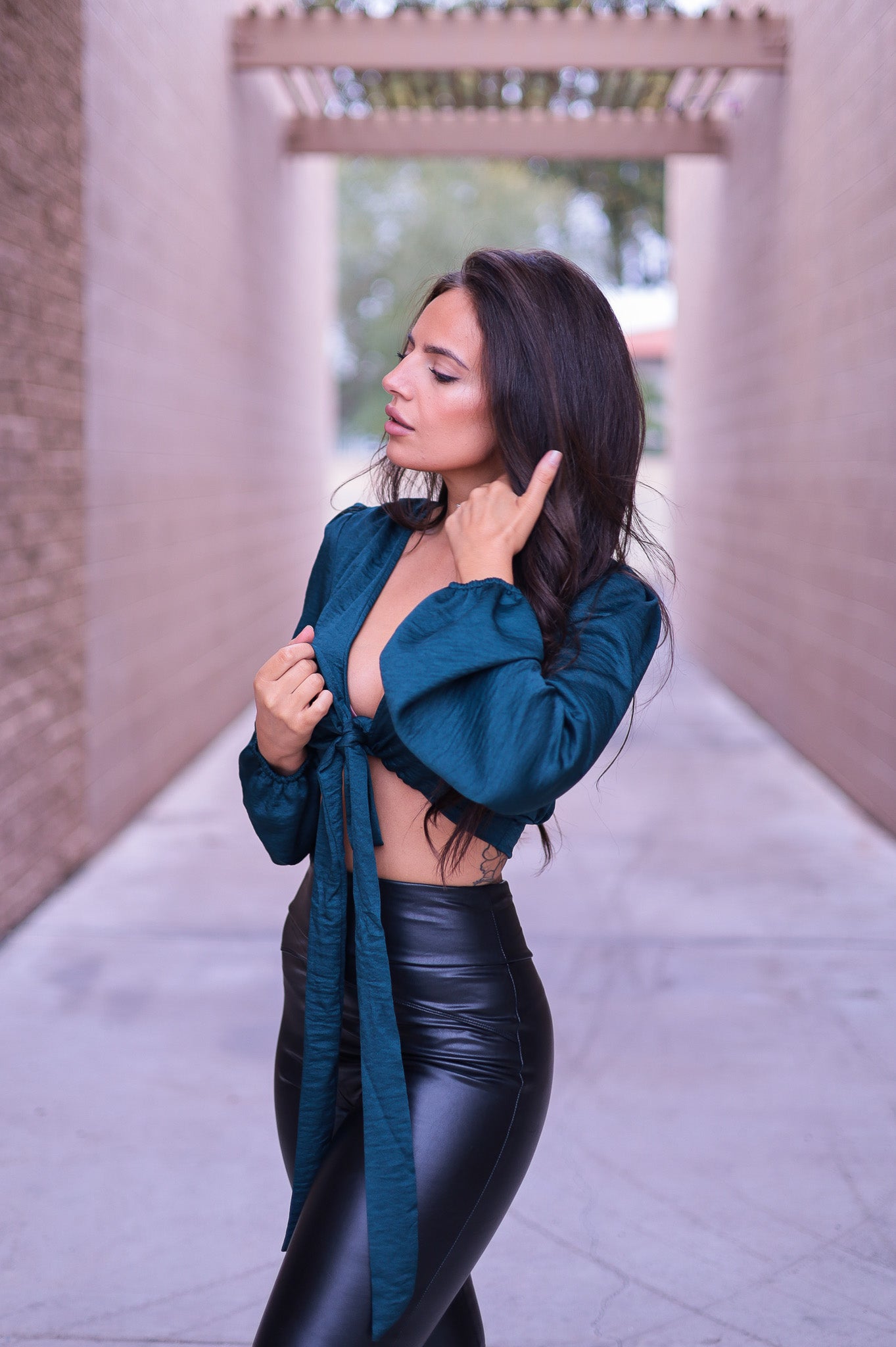Emerald Green / Teal - Savina Satin Long Sleeve Tie Front Top