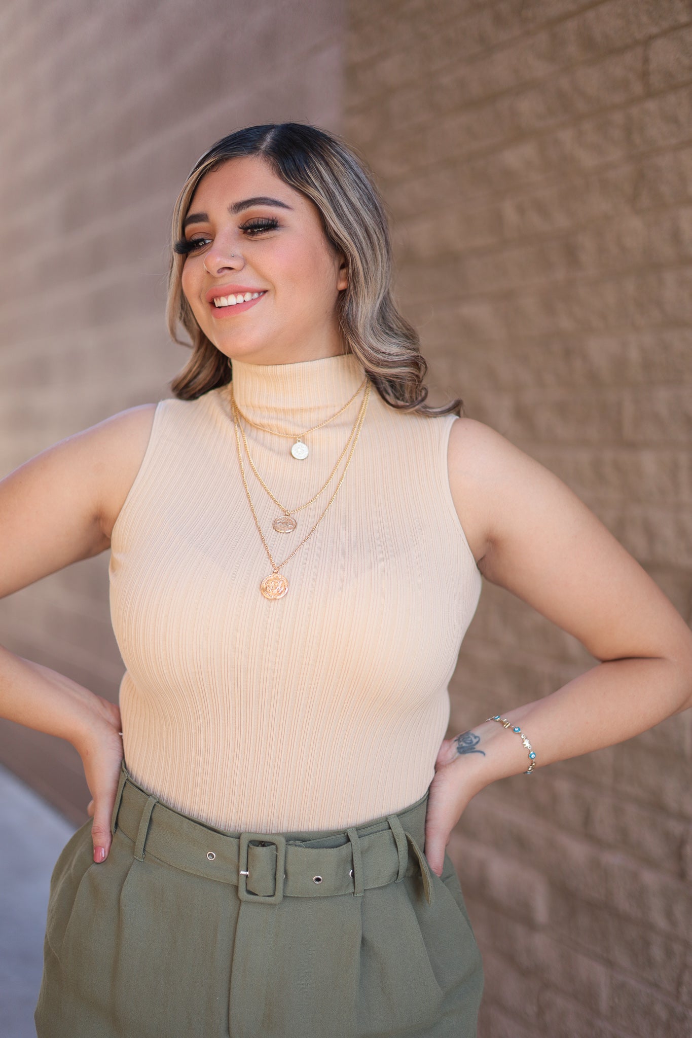 Nude - Stretchy Ribbed Turtleneck Mock Neck Tank
