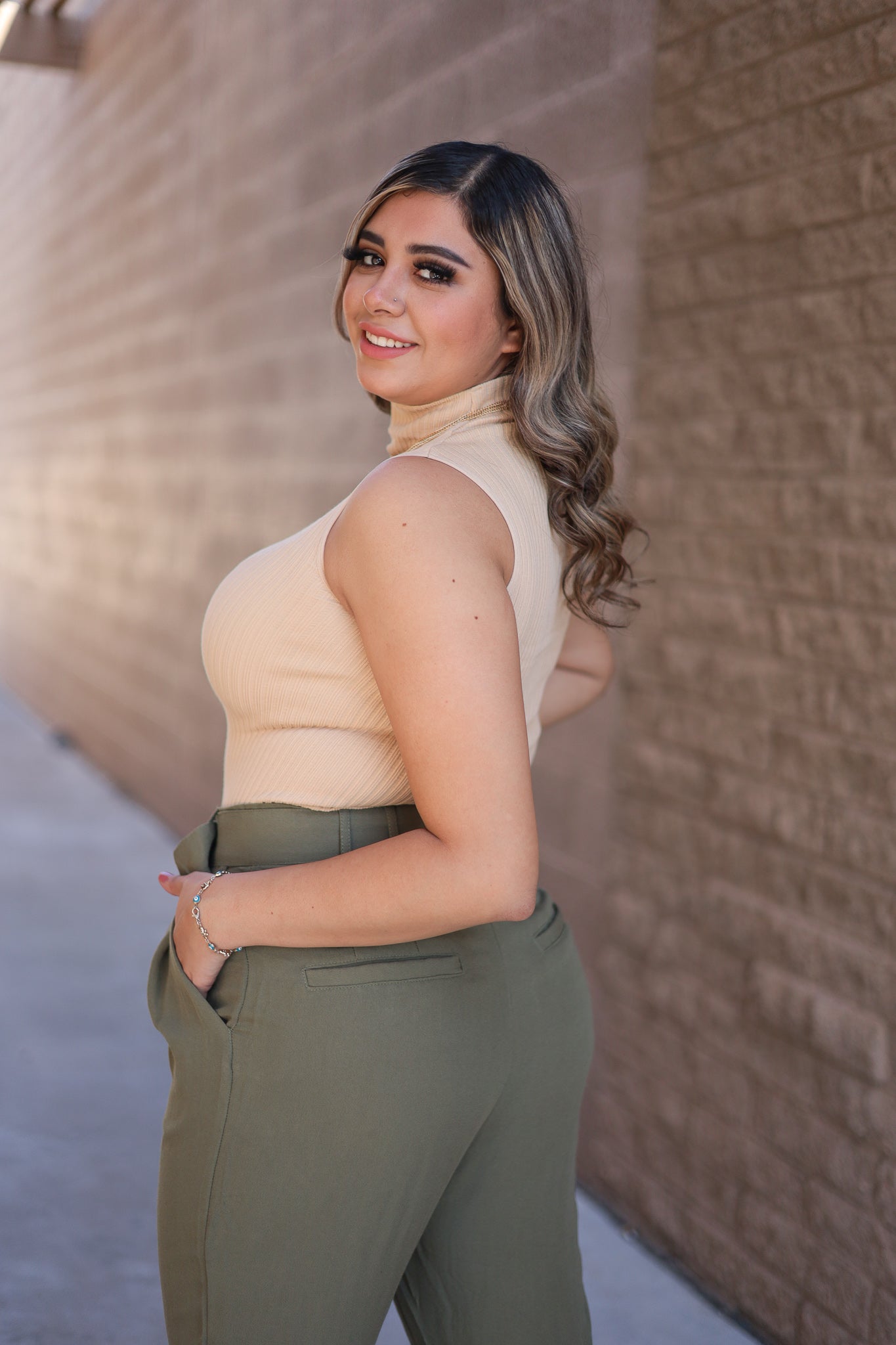 Nude - Stretchy Ribbed Turtleneck Mock Neck Tank