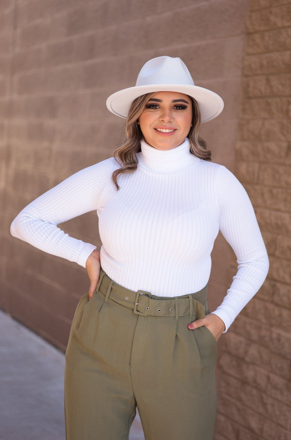 White - Stretchy Long Sleeve Ribbed Turtleneck Mock Neck