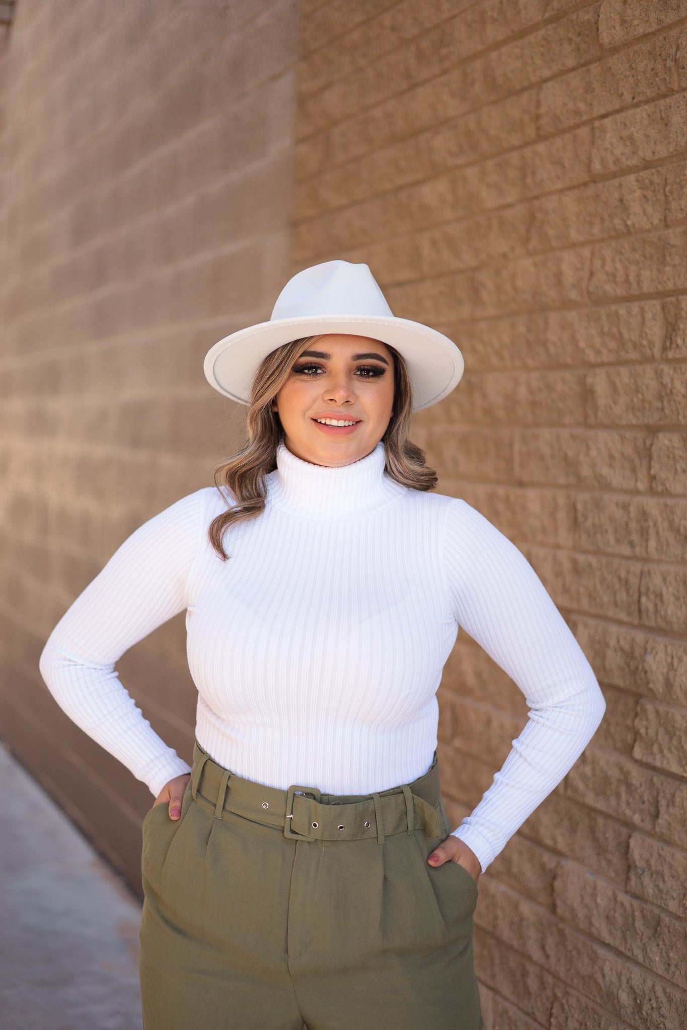 White - Stretchy Long Sleeve Ribbed Turtleneck Mock Neck