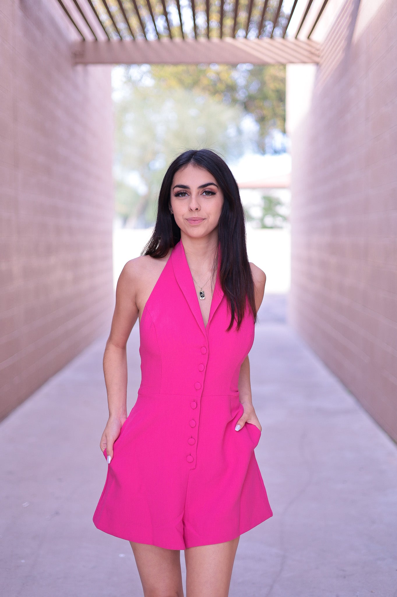 (S, M) Pink Classy Babe Halter Romper