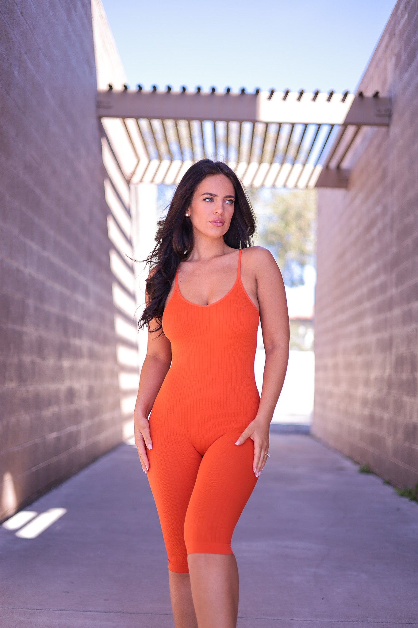 Orange - Cami Seamless Ribbed Biker Romper