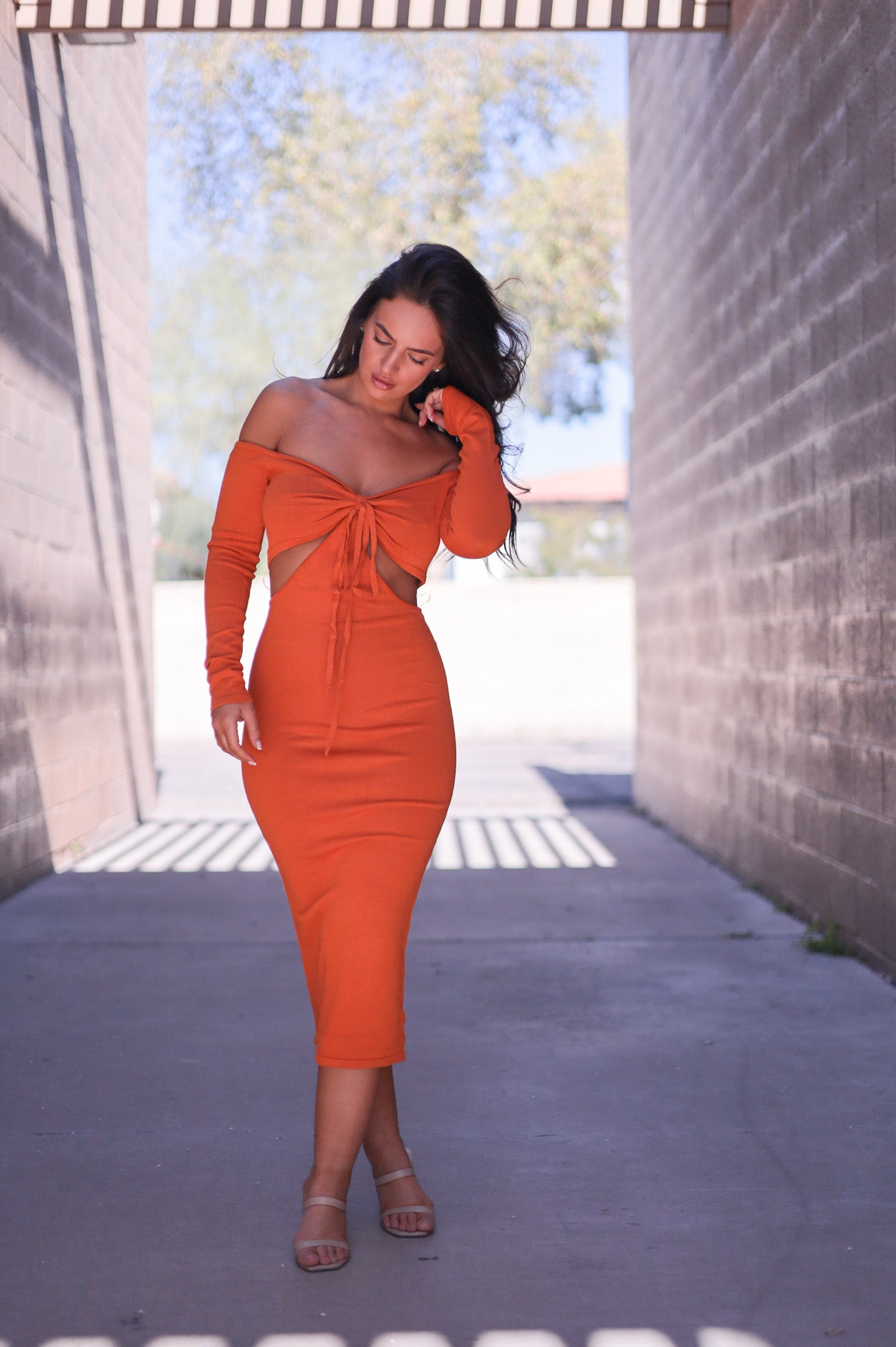 Orange - Off Shoulder Cutout Midi Bandage Dress