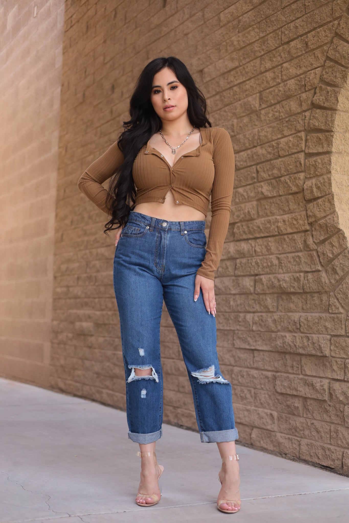 Latte- Feisty Long Sleeve Crop Top