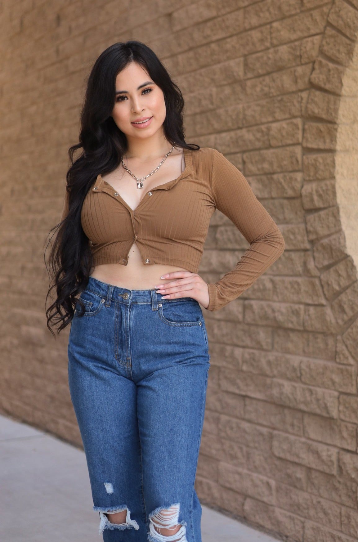 Latte- Feisty Long Sleeve Crop Top