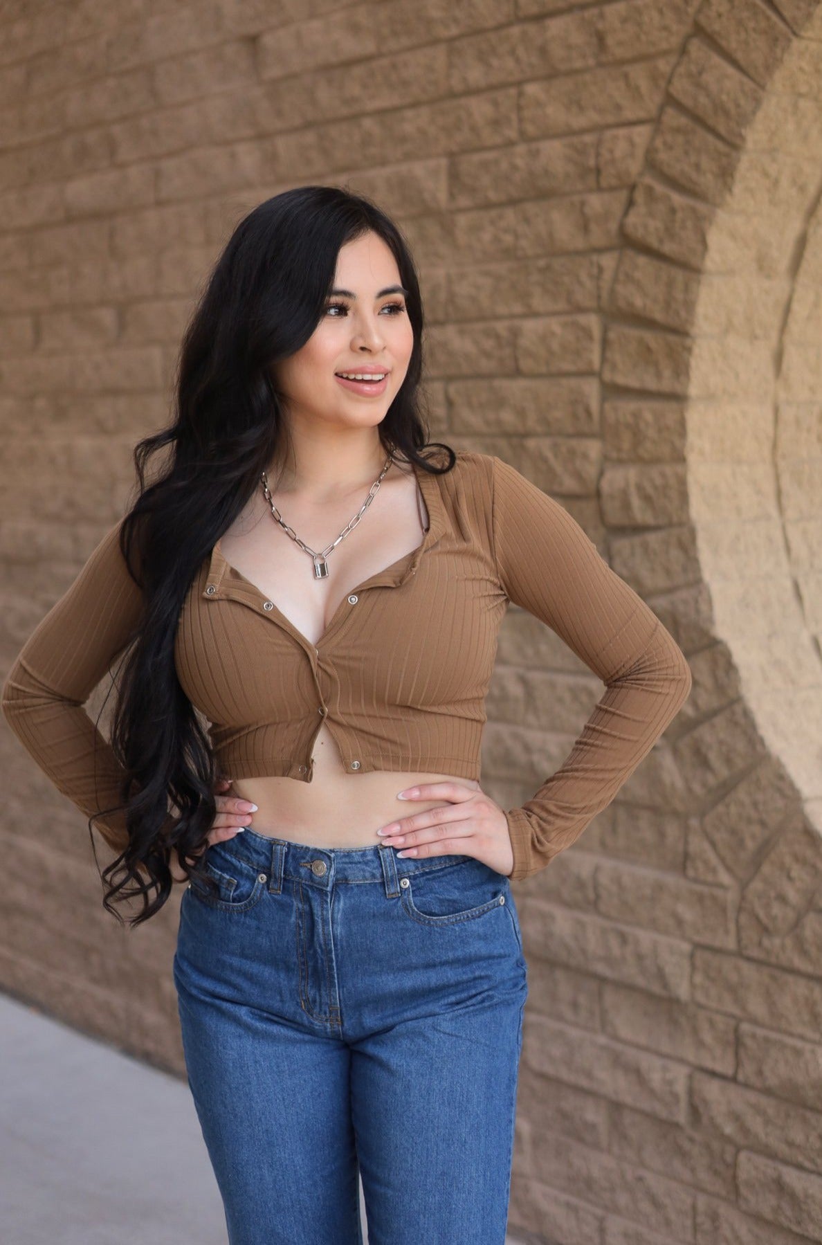 Latte- Feisty Long Sleeve Crop Top