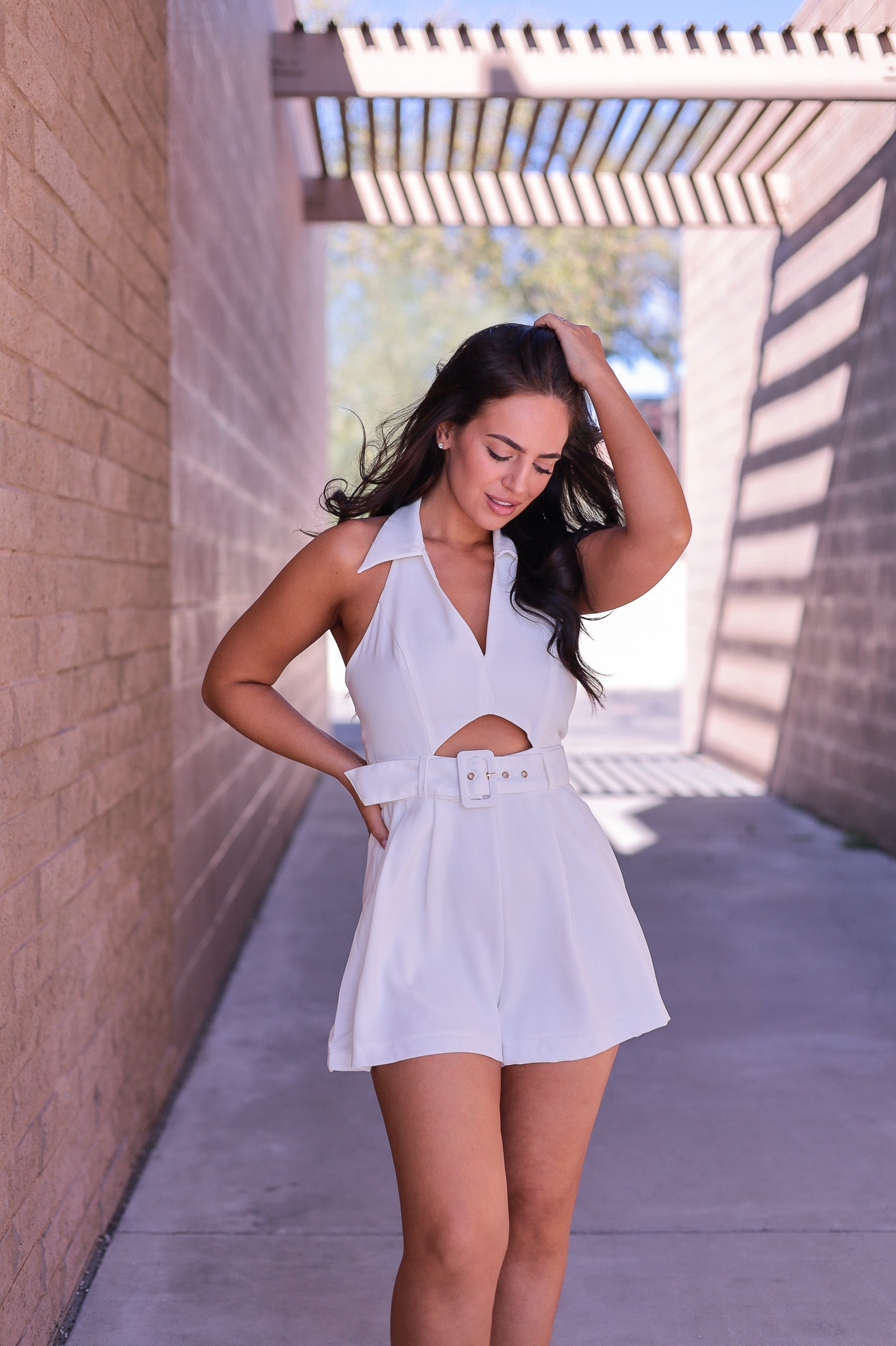 White - European Dreams White Collared Belted Romper