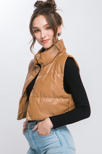 Camel Crop Puffer Vest Jacket - Faux Leather