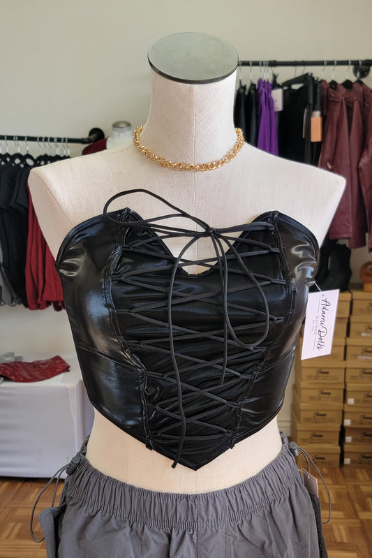 Black - Leather Tied Up Corset Top