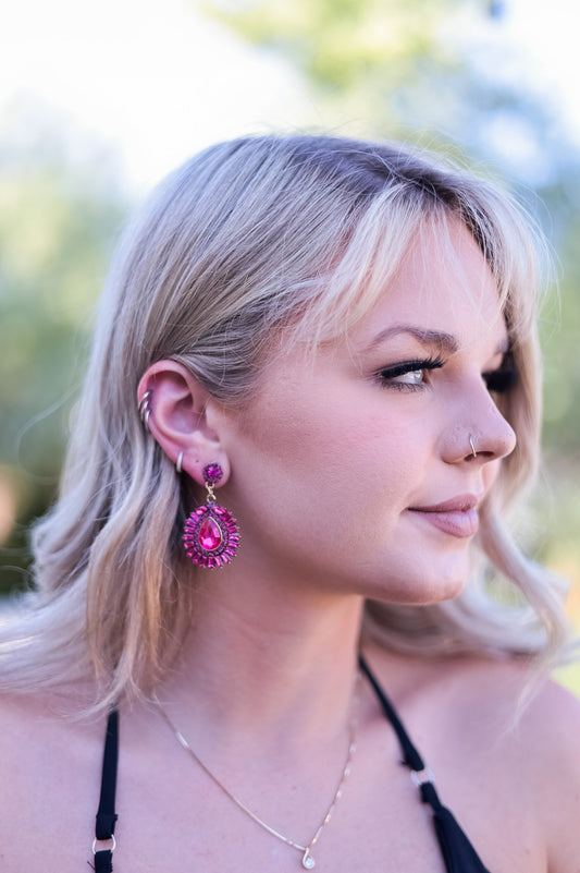 Fuchsia Pink  - Glamorous Rhinestone Statement Earrings
