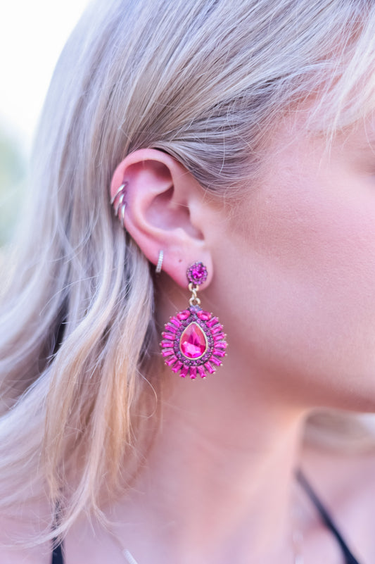 Fuchsia Pink  - Glamorous Rhinestone Statement Earrings