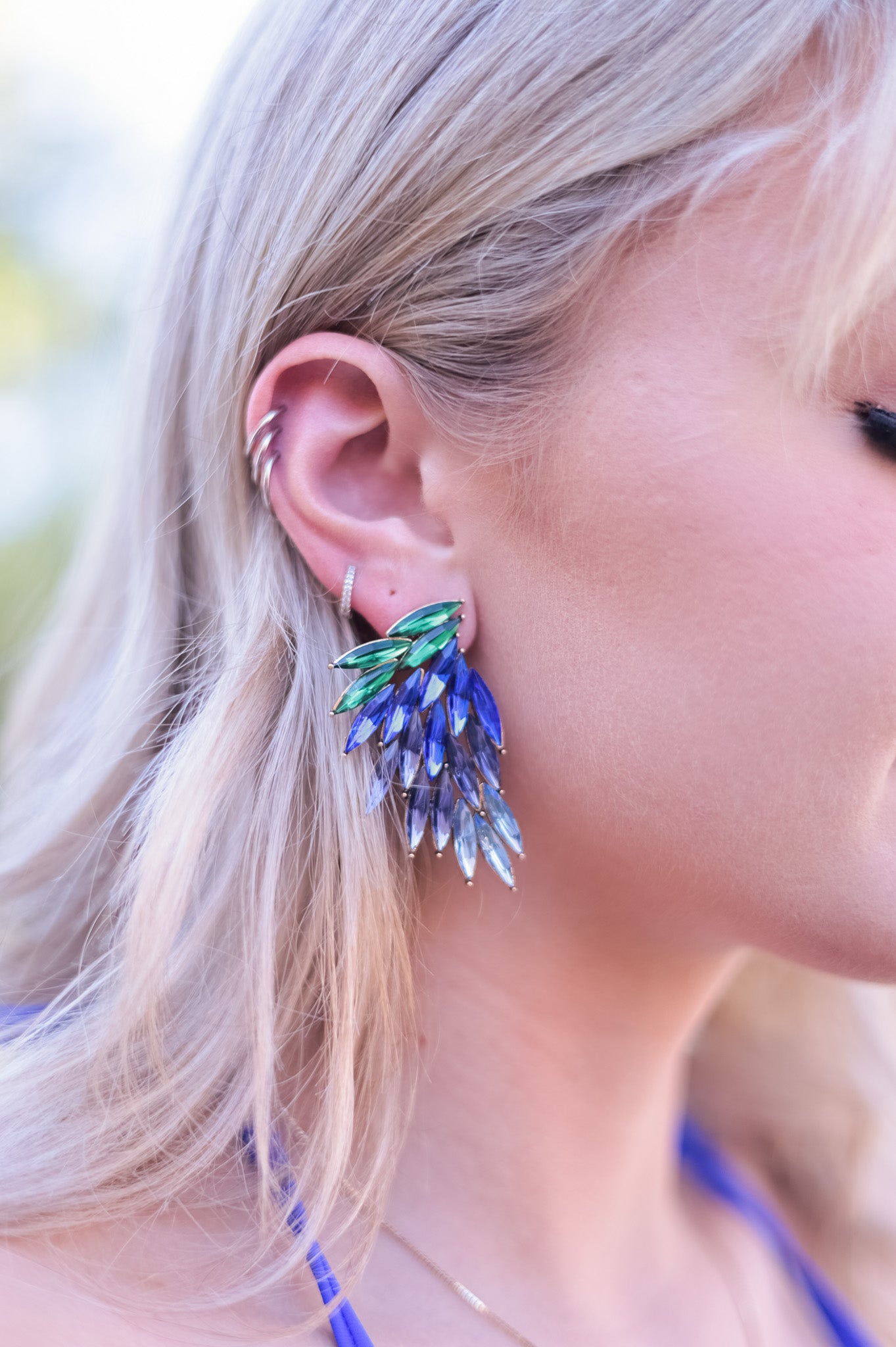 Blue / Green - Feather Rhinestone Statement Earrings
