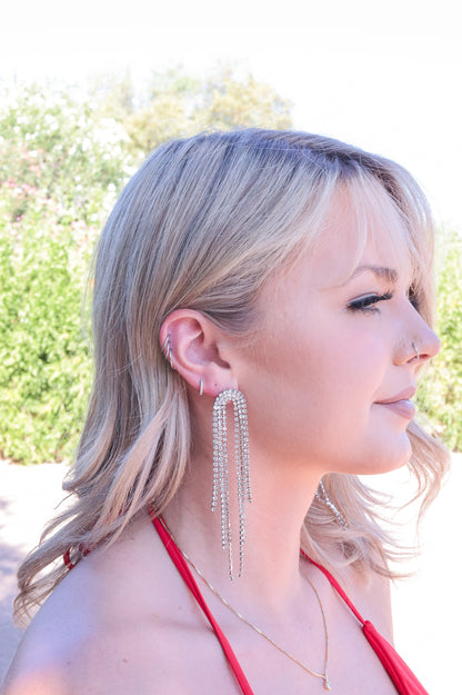 Silver - Rhinestone Waterfall Drop Earrings