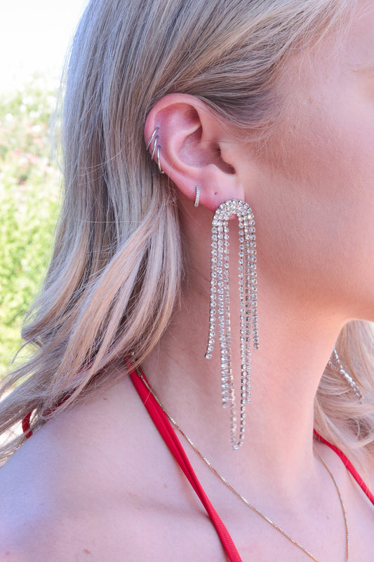 Silver - Rhinestone Waterfall Drop Earrings