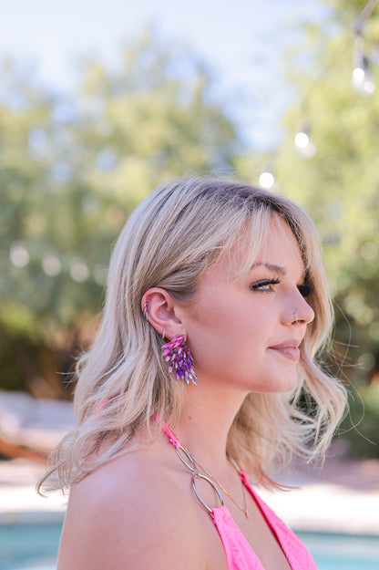Pink / Purple - Feather Rhinestone Statement Earrings