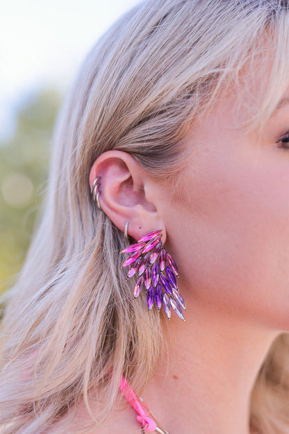 Pink / Purple - Feather Rhinestone Statement Earrings