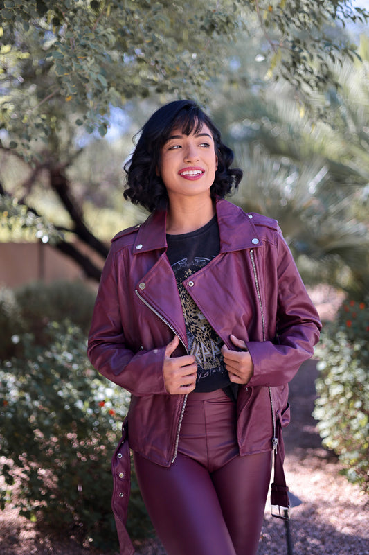 Burgundy - Vegan Leather Biker Jacket