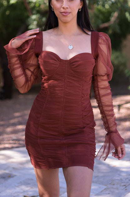 Brown - Sheer Sleeves Ruched Impressed Dress