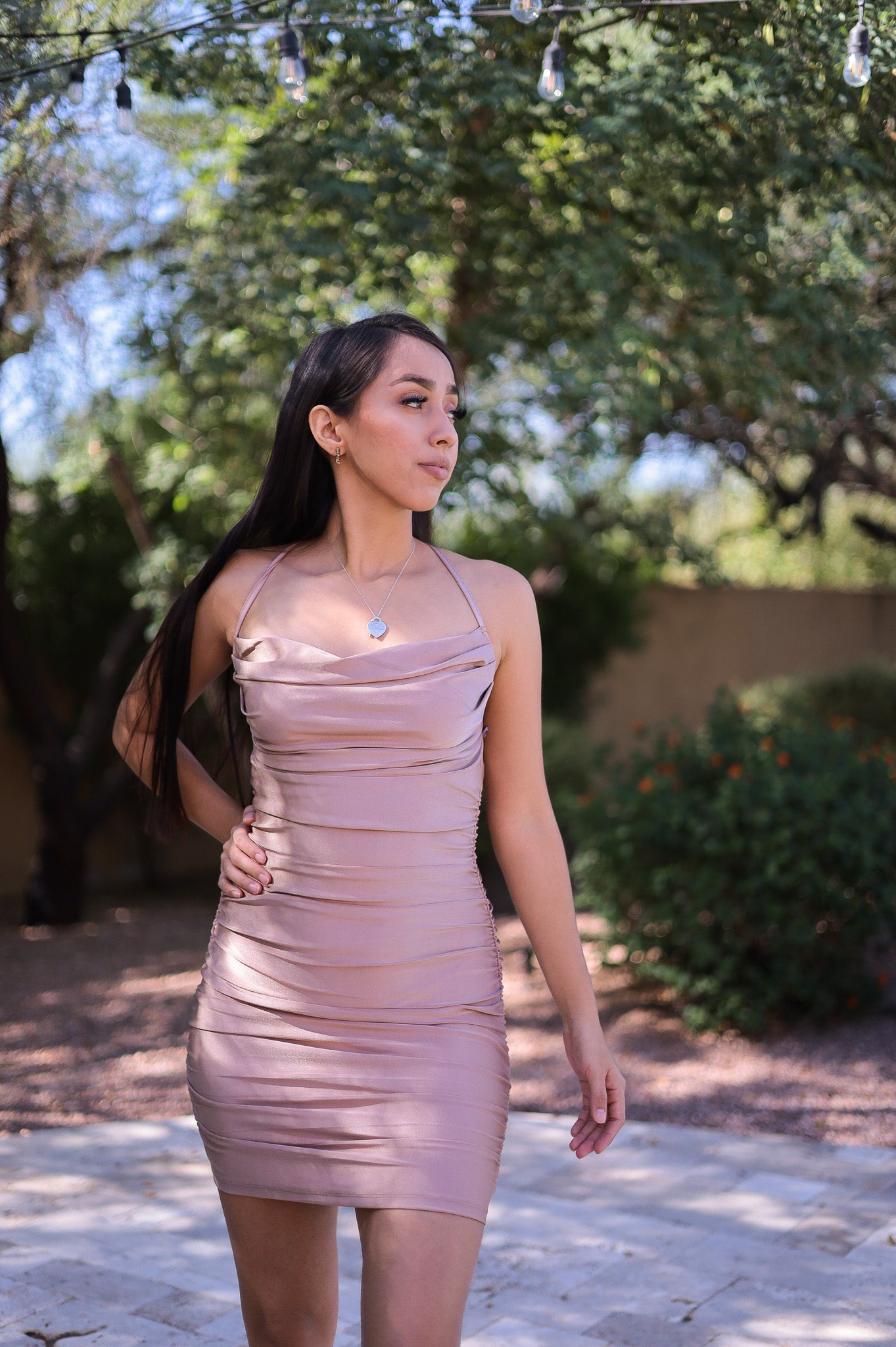 Nude - Metallic Ruched Bodycon Backless Dress