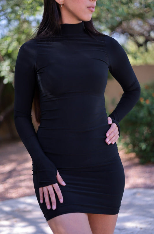 Black - Double Lined Mock Neck Dress