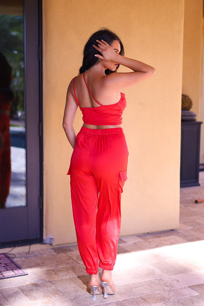 Red Satin Joggers - High Waisted