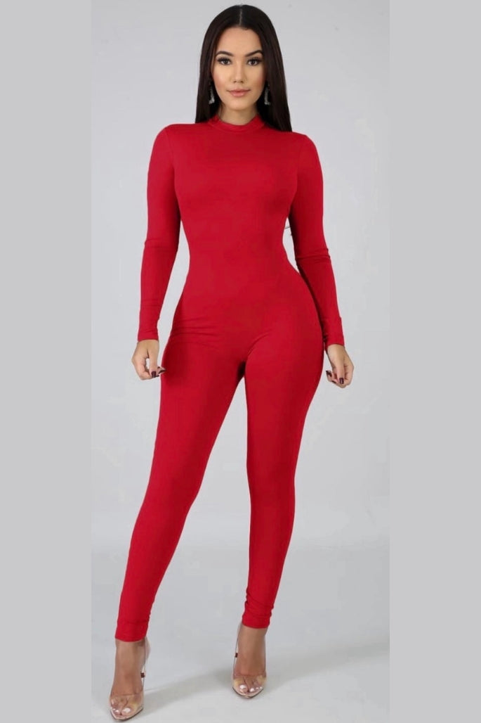 Red - Mock Neck Jumpsuit